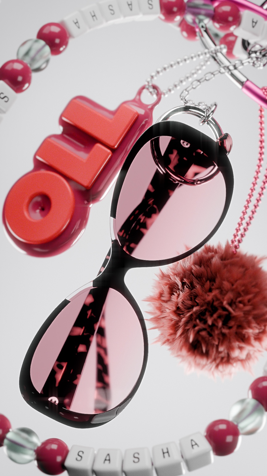 Pink-tinted sunglasses surrounded by jewellery and SASHA letter beads
